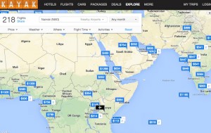 Costs from Nairobi to various cities, priced by Kayak.com